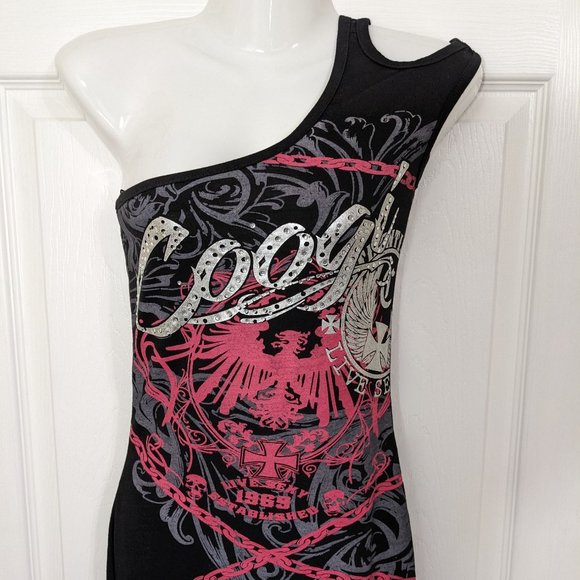 COOGI Black One Shoulder LIVE SEXY Chains Rhinestone Studs Maxi Dress - S* NWT - Picture 2 of 15